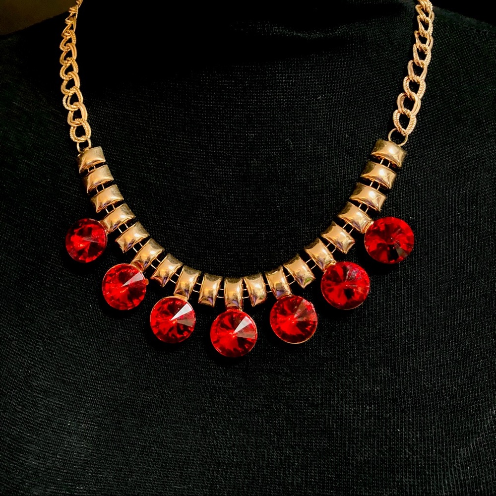 Vtg Gold Ruby Statement Necklace - image 1